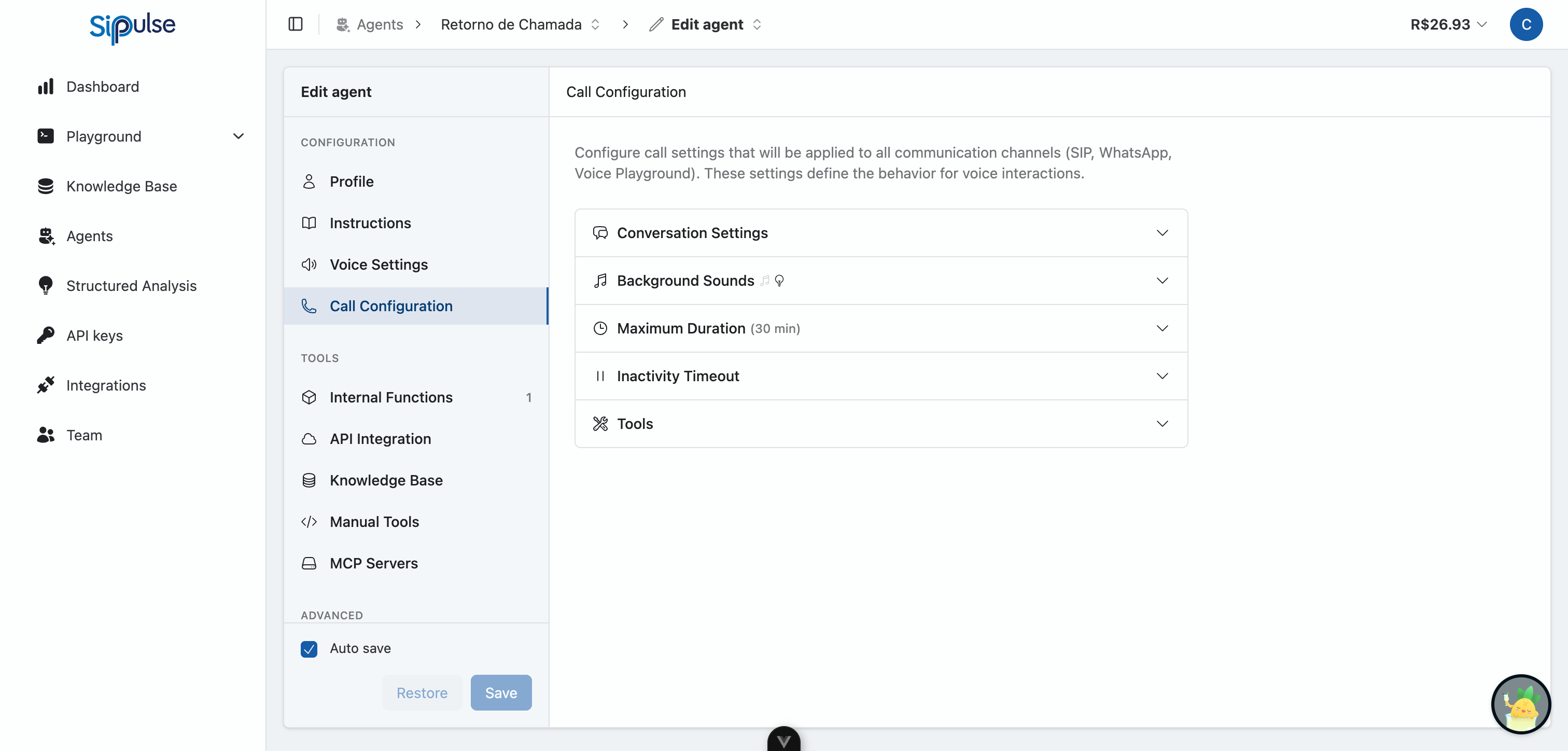 Call Configuration tab