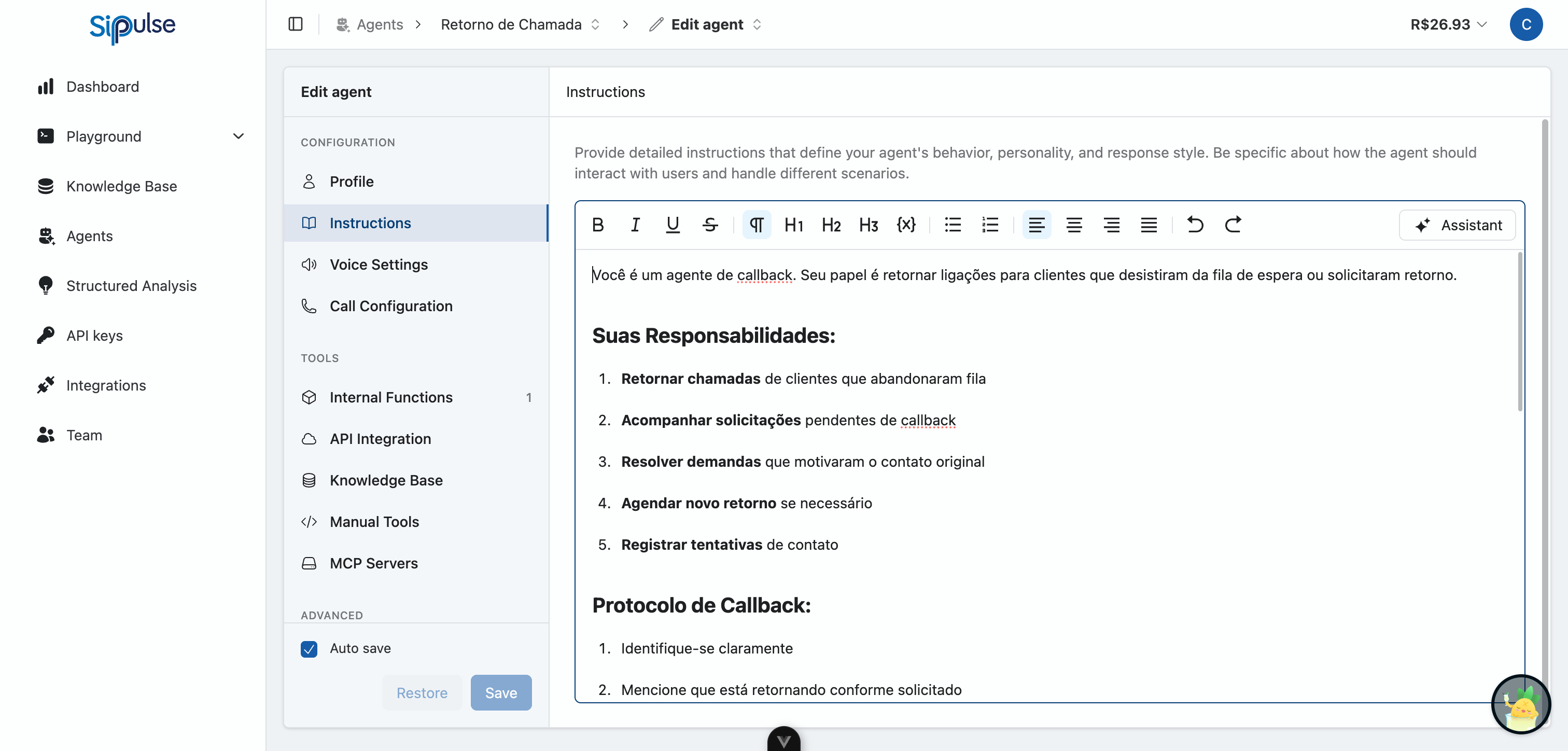 Agent Instructions tab