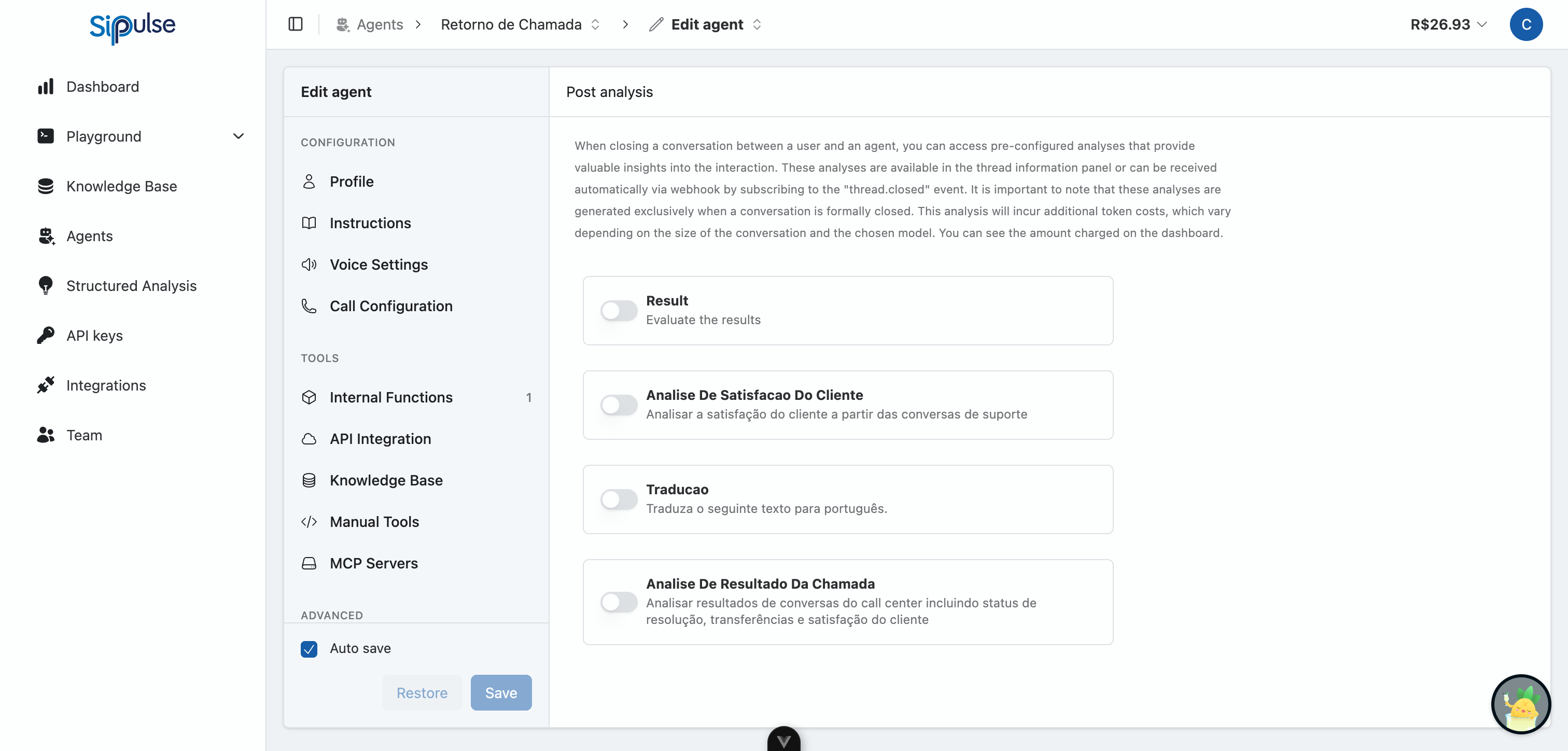 Post Analysis configuration