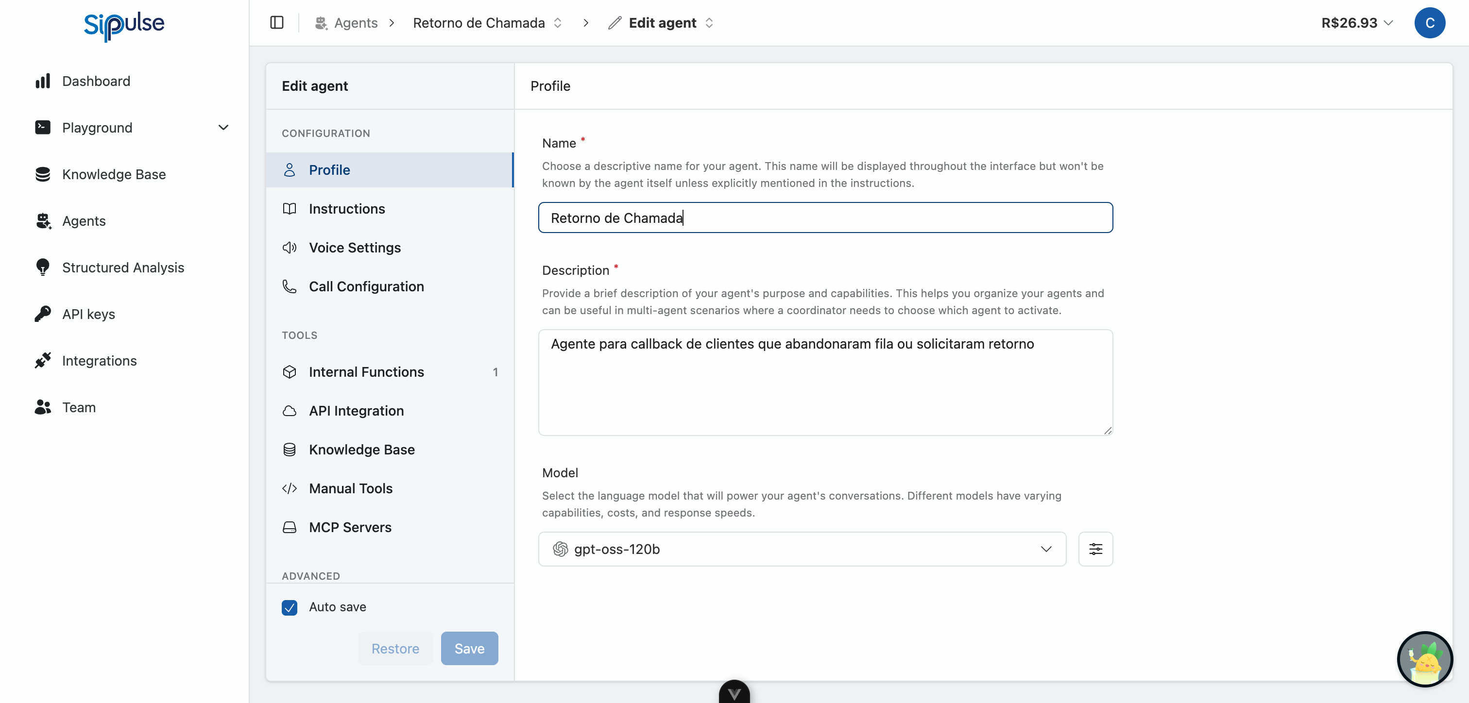 Agent configuration interface