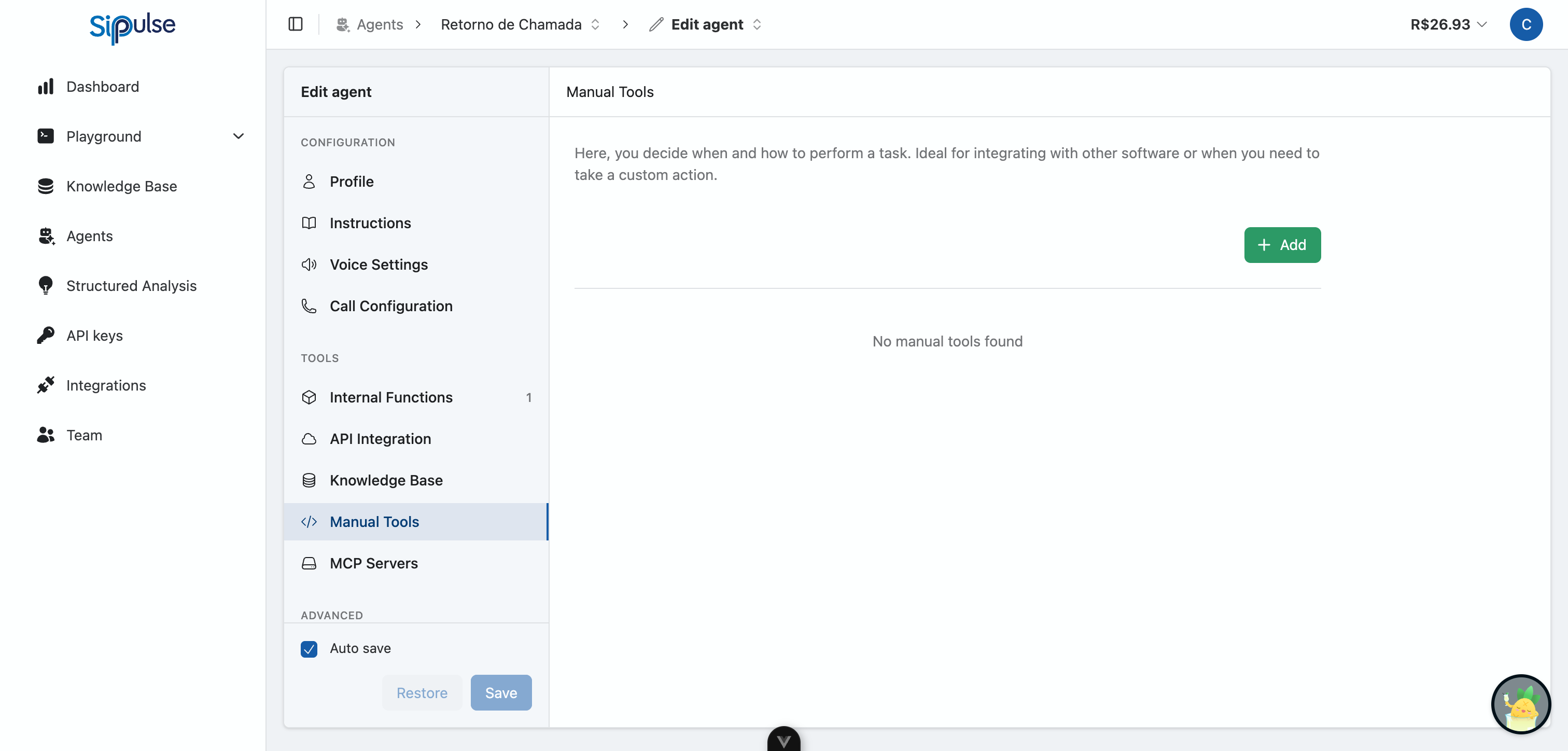Manual Tools configuration
