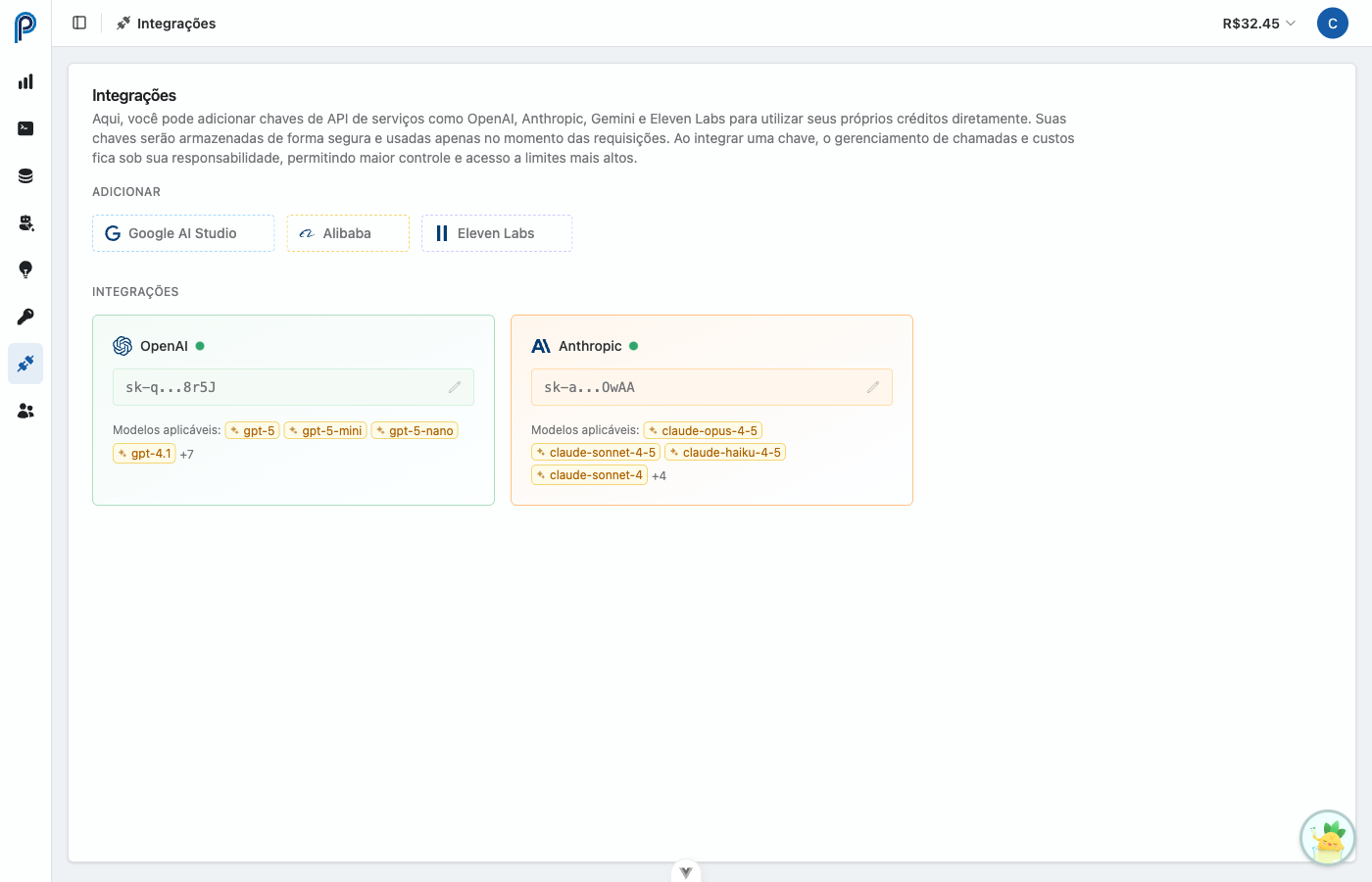 Página de Integrações de Provedores