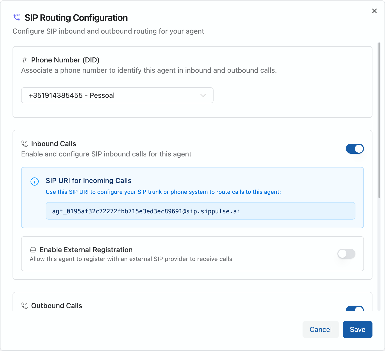 SIP configuration modal