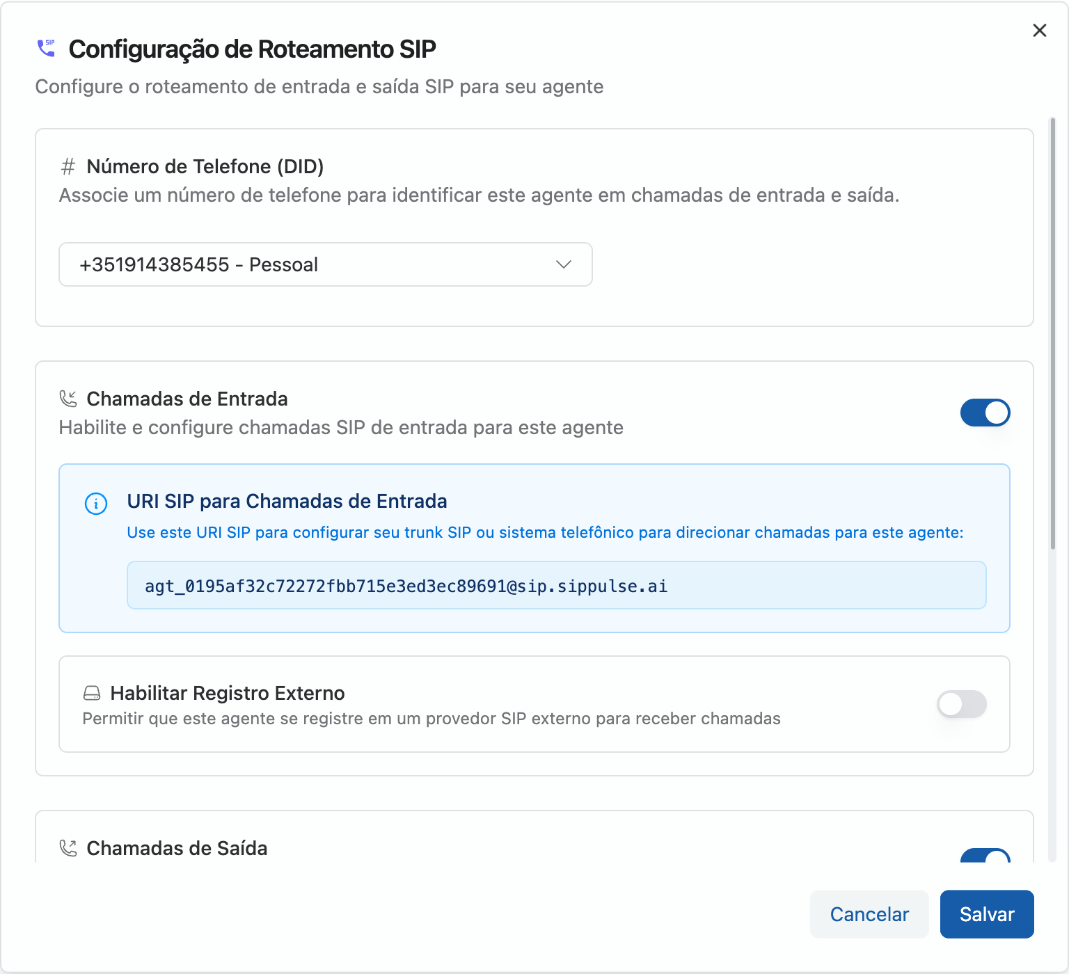Modal de configuração SIP