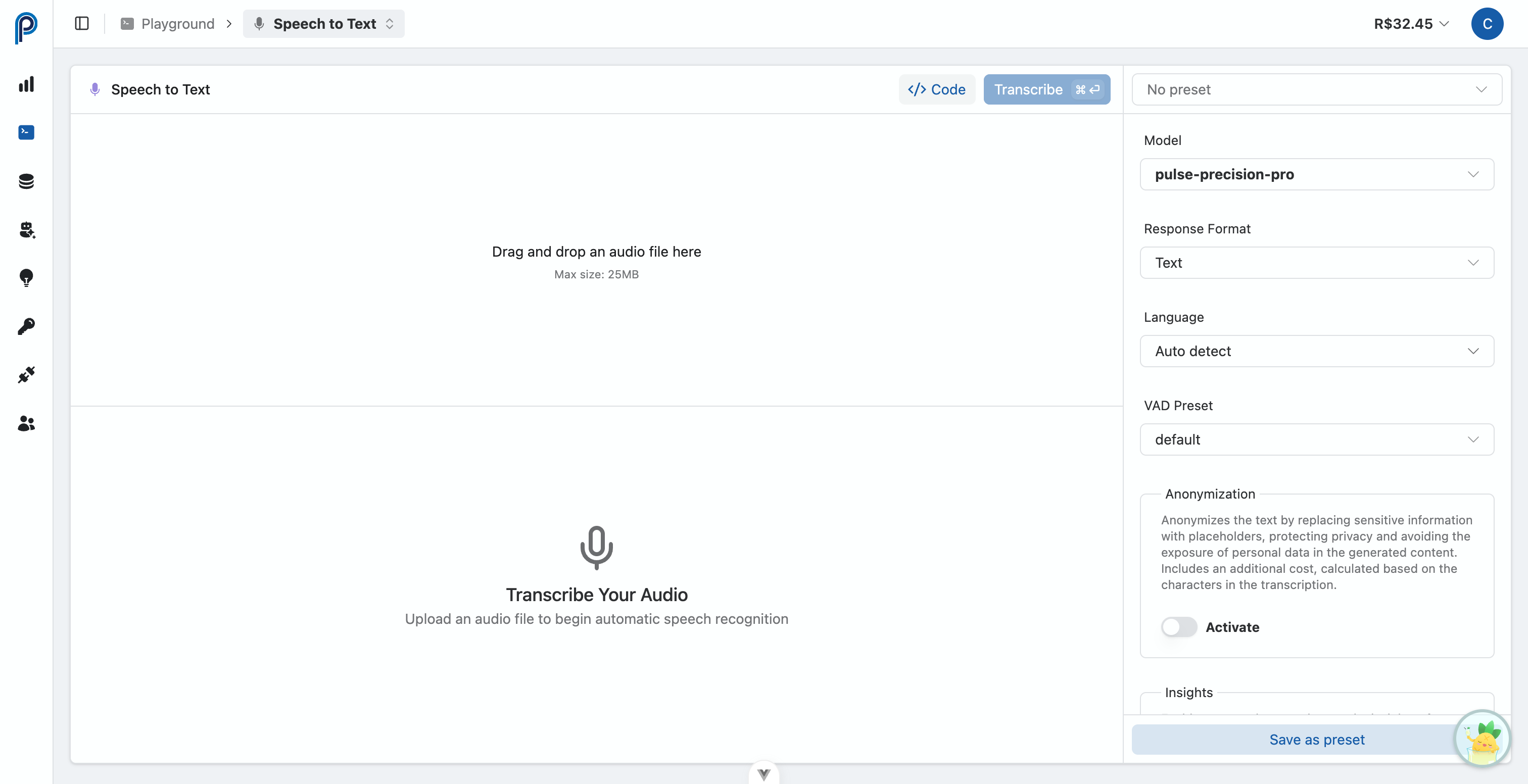 Speech-to-Text Playground Configuration