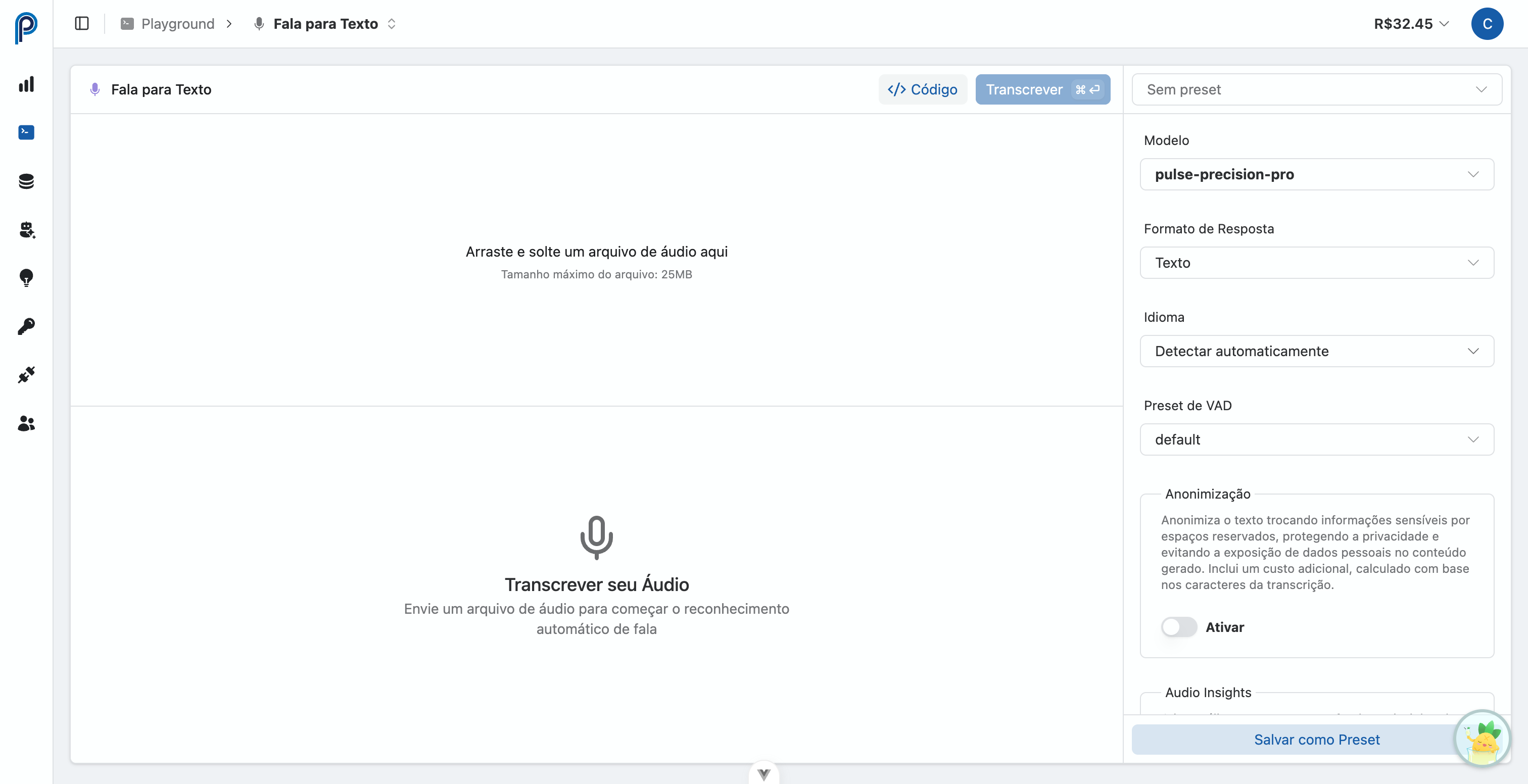 Configuração do Playground Speech-to-Text